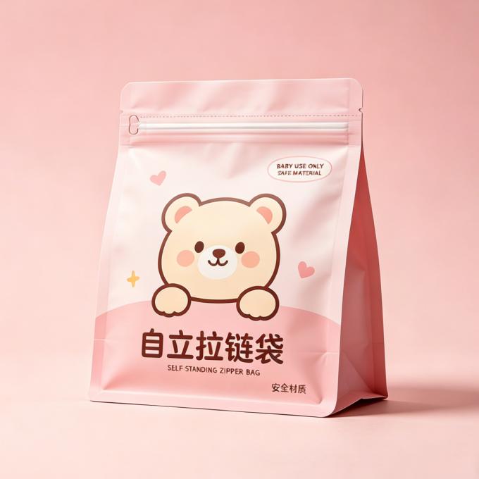 Soft pink quad seal self-standing zipper bag with lovely cartoon bear pattern, Chinese text èªç«æé¾è¢ï¼food safe packaging for baby snacks and daily goods.