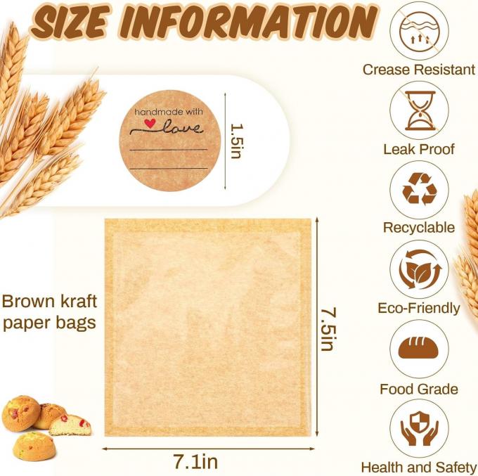 Product series showcasing food-grade brown kraft paper bakery bags with clear transparent front window, size 7.1×7.5 inch, 100pcs per pack, oil-proof & eco recyclable. Includes real-life packing shots of donuts, croissants, toast, sandwiches and cookies, size specification chart, feature introduction (heat sealable, leakproof, grease resistant), multi-scene application diagram, product banner with handmade sticker labels, ideal packaging for bakery shops, homemade pastries and dessert retail.
