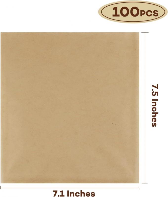 Size specification chart of blank kraft bakery bags, marked dimensions 7.1 inches wide × 7.5 inches tall, top label indicates package contains 100 pieces, plain matte brown kraft windowless bag sample on neutral white background.
