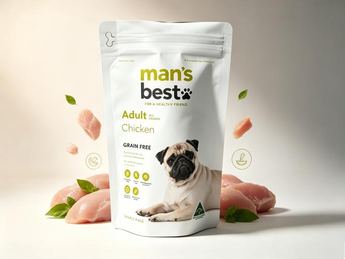 Soft studio lifestyle shot of matte white stand-up doypack sample pouch branded "man’s best", formulated as grain-free adult all breeds chicken dog food, printed with pug illustration, bone-shaped retail hang hole and resealable zipper top. Surrounded by fresh raw chicken fillets and green herb leaves floating around the bag, with nutrition function icons and Australian-made marking on front, minimalist clean light packaging for small trial dog food packs.