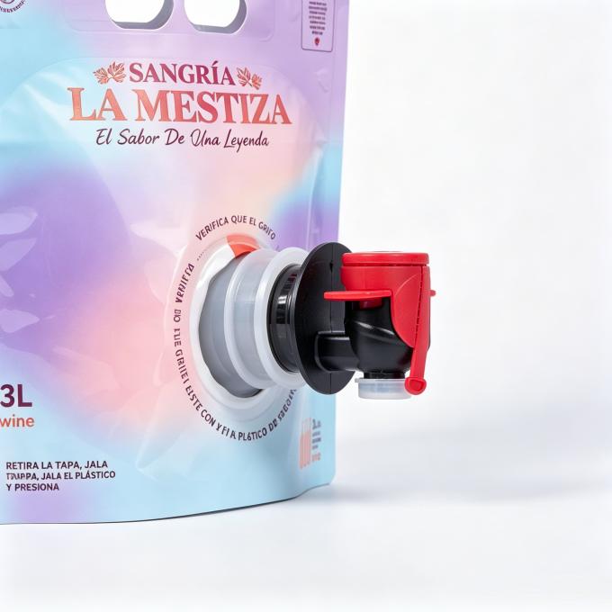 Close-up detail shot of the red flip tap spout valve on a 3L Sangría wine box-in-bag bib pouch. Gradient pastel purple-blue high-barrier flexible stand-up pouch with Spanish brand text and operating instruction text around the spout opening, showing the anti-leak beverage tap structure for bulk wine packaging.