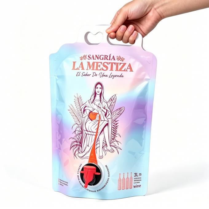 Hand holding the finished full-view 3L LA MESTIZA Sangría wine bib bag. Features double heart-shaped die-cut carrying handles on the top, gradient holographic pastel printing, vintage line art lady & tropical plant illustration, red dispensing tap at the bottom, marked 3L wine capacity, retail portable bulk wine packaging.