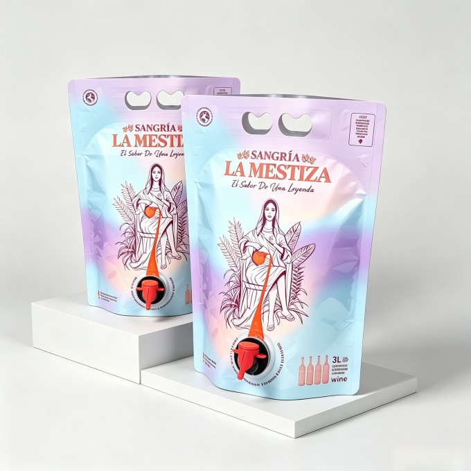 Two identical sangría wine bib bags placed on staggered white display pedestals for product portfolio shooting. Symmetrical studio lighting highlights gradient color printing, heart handles and spout valve details, ideal for wholesale packaging portfolio and brand catalog display.