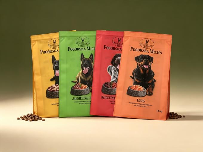 Set of 12kg multi‑colored custom printed flat‑bottom dog food packaging bags, various formula pet food pouch collection
