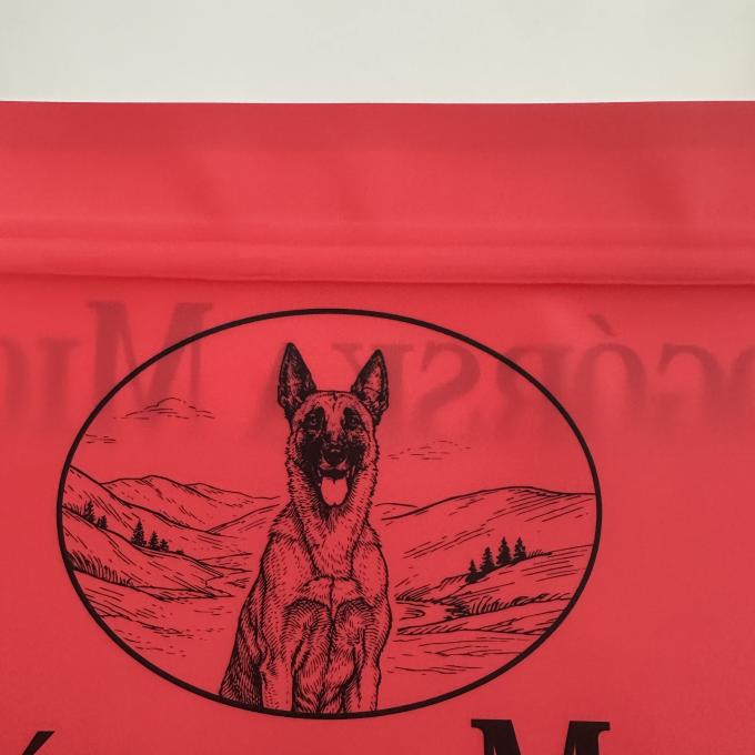 Custom graphic logo artwork close‑up on gravure printed pet food plastic bag
