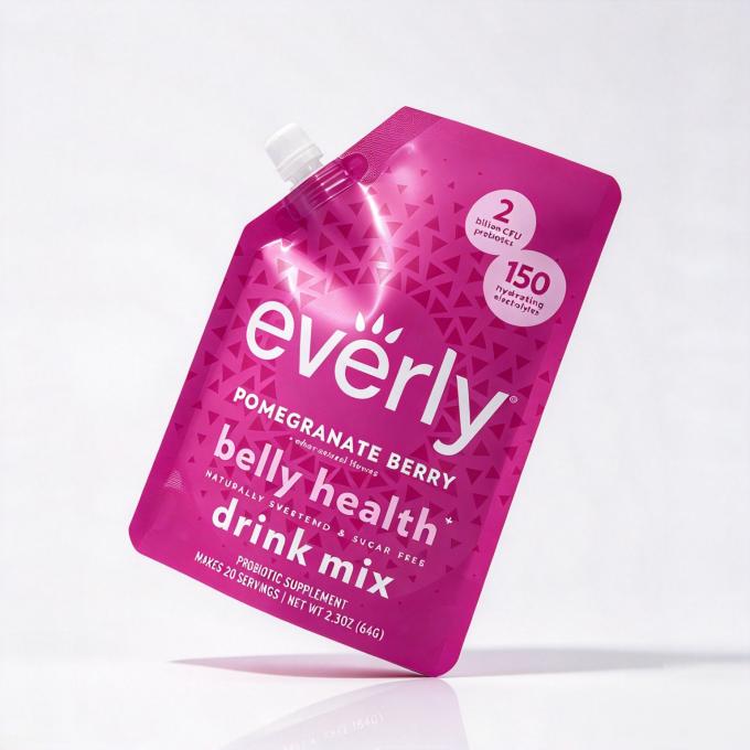 Magenta custom printed spout standâ€‘up pouch for pomegranate berry belly health probiotic drink mix supplement